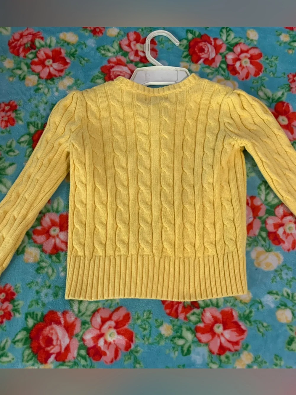 Ralph Lauren Mustard Yellow Cable-Knit Button Up Cardigan Pink Logo